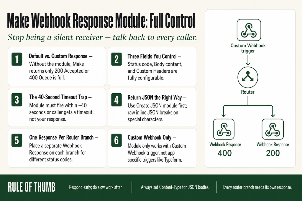 Make webhook response module configured in the Make scenario builder with a 200 status code, JSON body, and Content-Type header