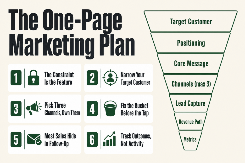 A single printed page divided into seven labeled sections forming a one page marketing plan, laid on a desk beside a pen and a coffee cup