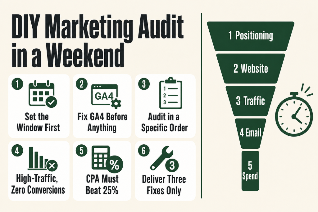 Solo business owner reviewing a small business marketing audit spreadsheet on a laptop with GA4 and email reports open side by side