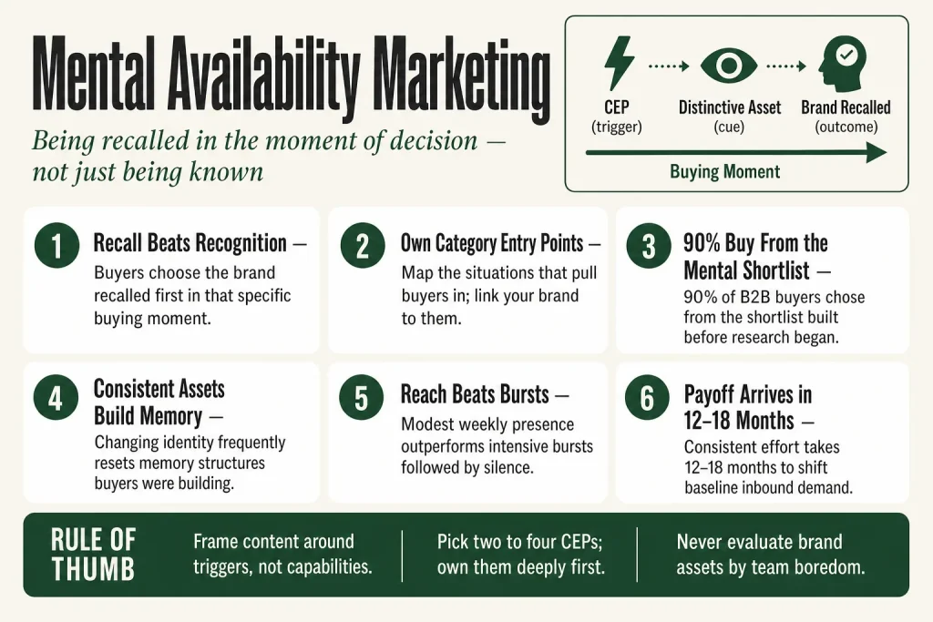 Diagram illustrating mental availability marketing: a buyer’s buying situation triggering brand recall through category entry points and distinctive brand assets