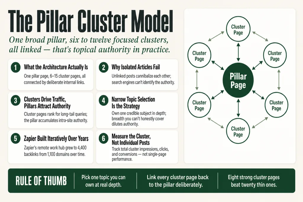 Diagram showing the pillar cluster model with one central pillar page connected to surrounding cluster pages through internal links, illustrating topical authority architecture for small business SEO