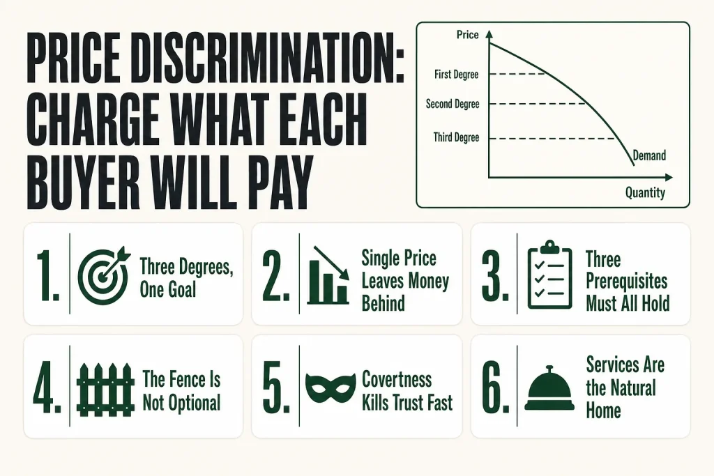 Diagram showing three tiers of price discrimination, individual, versioned, and group-based, with operator labels for each approach