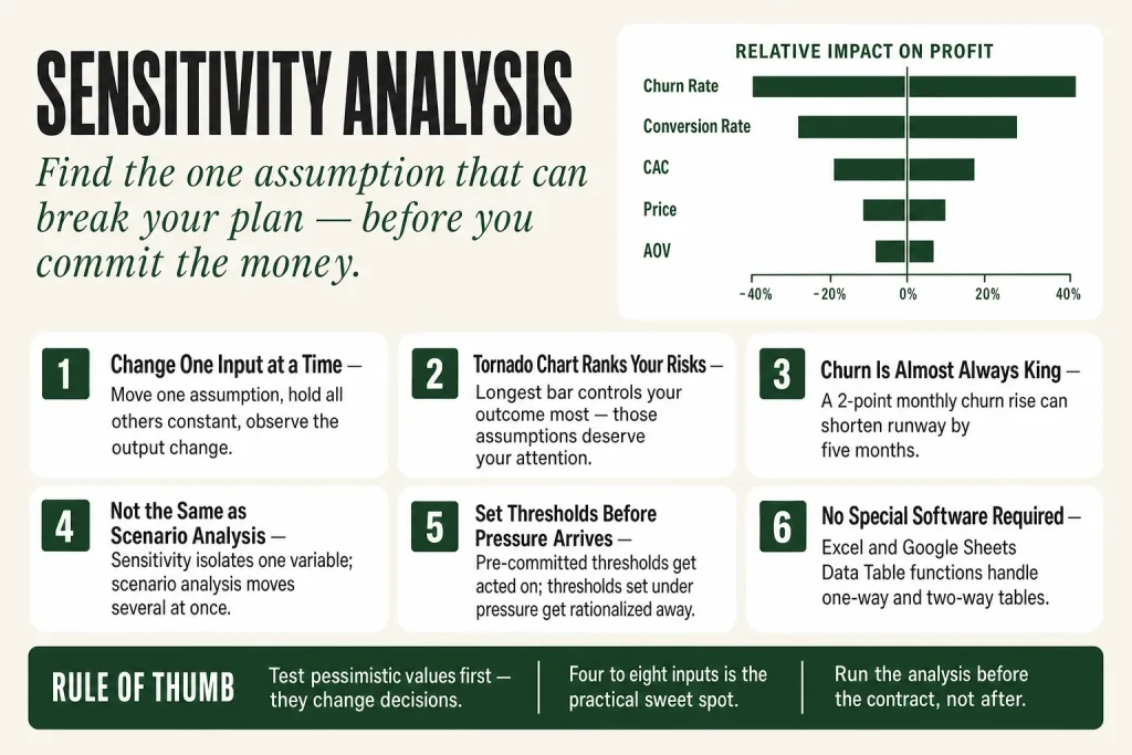 Tornado chart showing ranked sensitivity analysis inputs for a small business marketing plan, with churn rate and conversion rate as the top drivers
