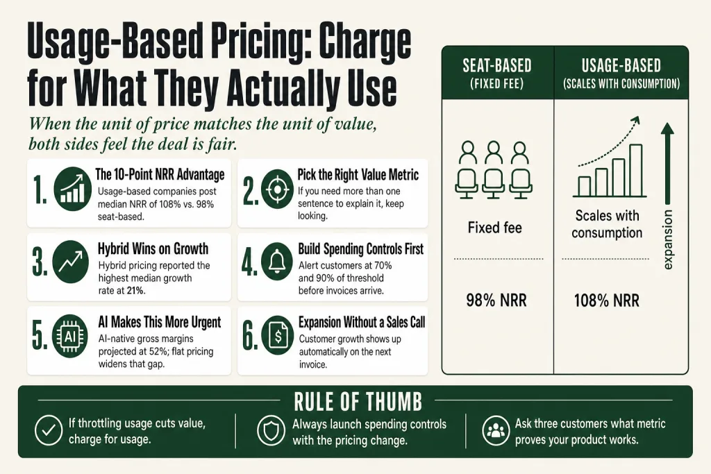 Diagram showing usage-based pricing model where customer bill scales with consumption units such as API calls, messages sent, and GB stored