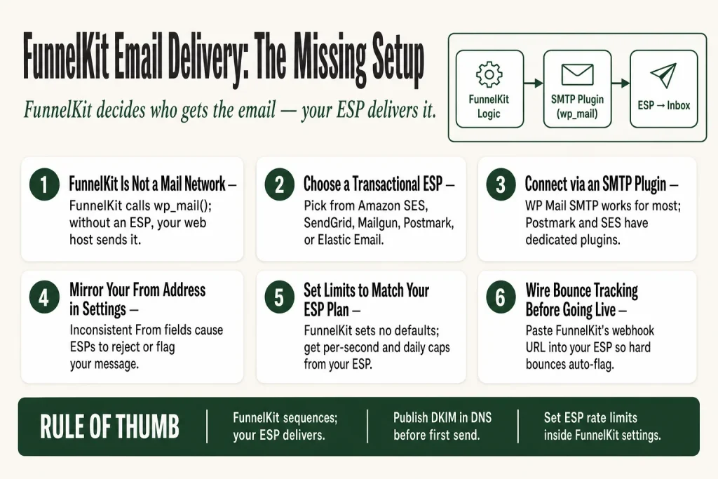 FunnelKit sending service: FunnelKit Automations email settings screen showing the From Address, Bounce Tracking toggle, and Email Limit fields configured for a transactional ESP