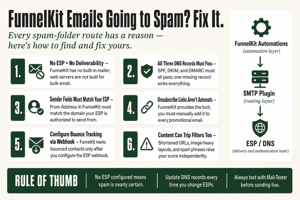 FunnelKit emails going to spam: FunnelKit Automations email settings panel showing From Address, bounce tracking toggle, and unsubscribe footer fields