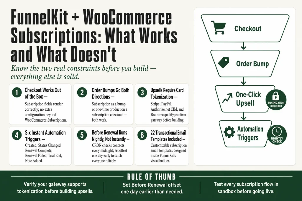 FunnelKit WooCommerce Subscriptions integration showing a subscription product on a custom checkout with an order bump and automation trigger configuration