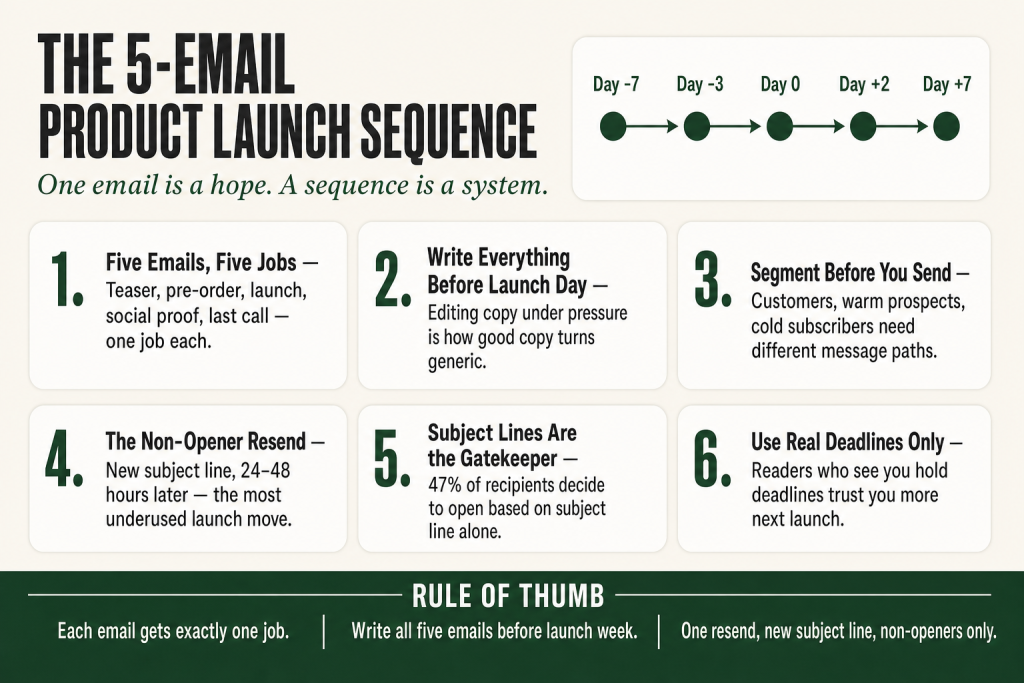 A whiteboard showing a five-column product launch email sequence timeline from teaser to last call, with sticky notes marking each email's single job