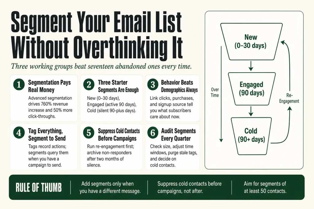 A solo operator reviewing how to segment an email list, with three labeled groups (new, engaged, and cold subscribers) visible on a laptop screen