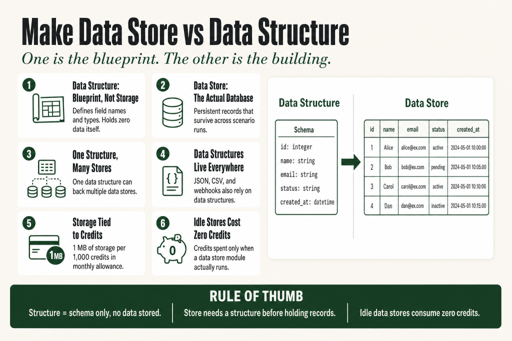 Make.com sidebar showing the make data store vs data structure distinction: Data Structures and Data Stores sections side by side, with a data structure schema on the left and a data store table with records on the right