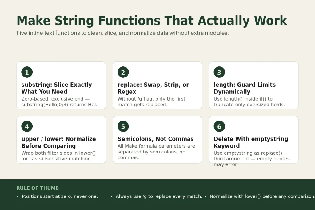 Make scenario mapping field showing make string functions substring and replace applied to a contact name field