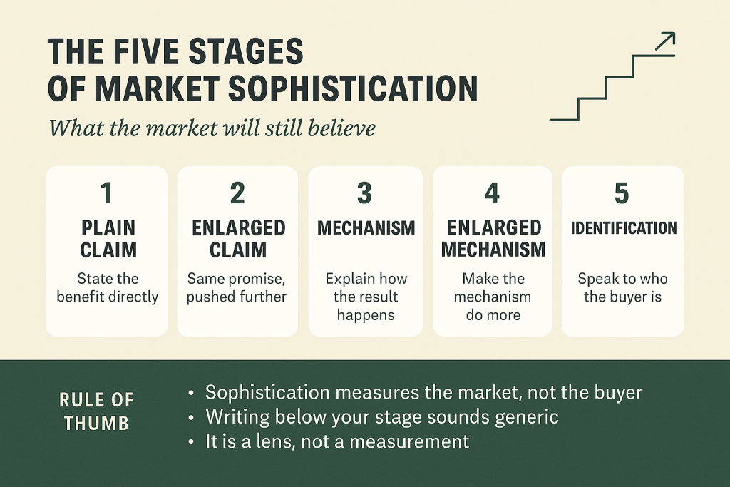 Market sophistication levels diagram showing Schwartz's five stages from plain claim to identification
