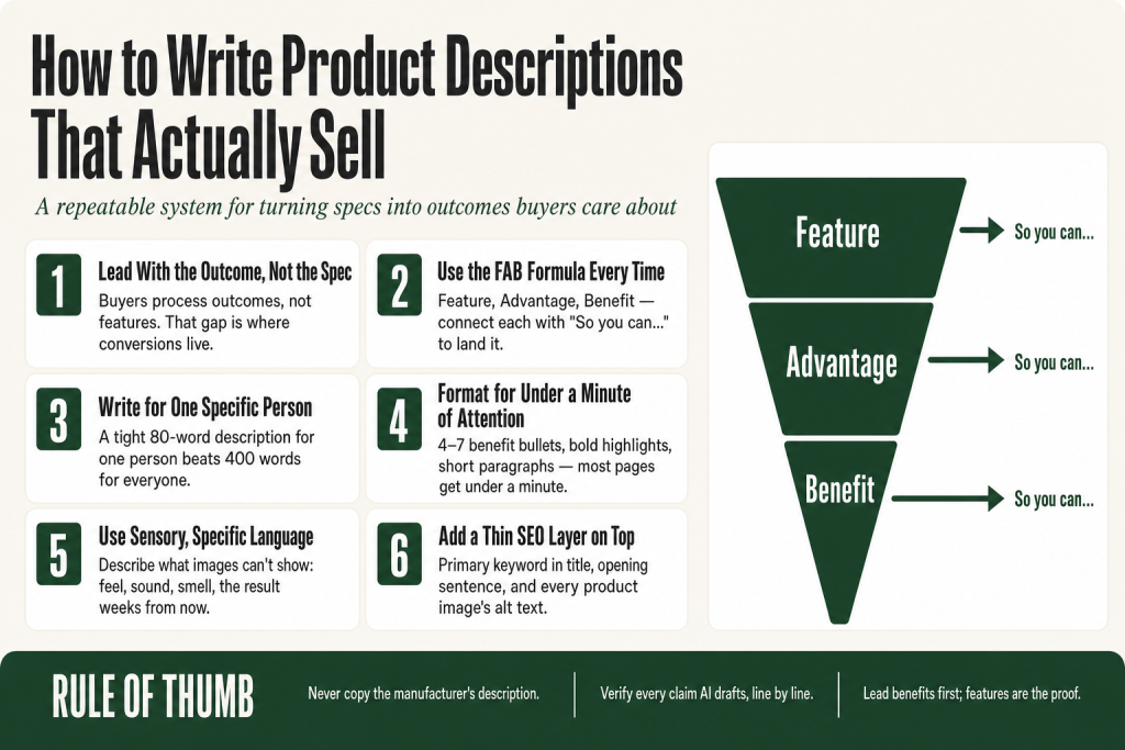How to write product descriptions: solo operator at a desk with a feature-benefit worksheet and product spec sheet side by side
